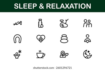 Modern Sleep and Relaxation Icon Set Vector Illustration. Featuring Essential Symbols for Rest, Calm, and Comfort