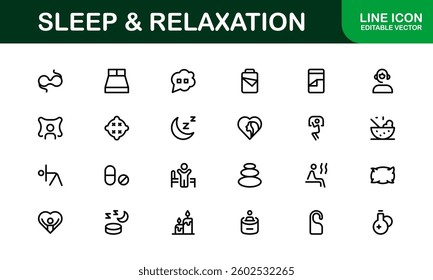 Modern Sleep and Relaxation Icon Set Vector Illustration. Featuring Essential Symbols for Rest, Calm, and Comfort
