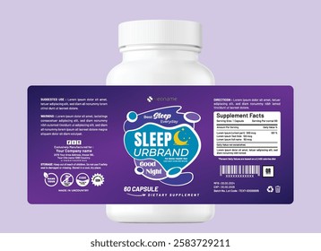 Modern sleep supplement label packaging design in calming purple, creative branding, typography, clean, layout, Perfect for health, wellness, vitamin jars, pharmacy.