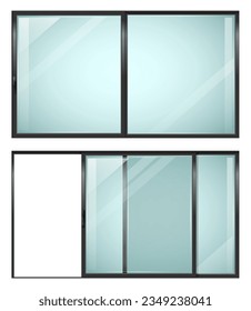 Modern sliding metal black door or window. Vector with transparent glass