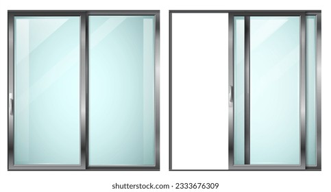 Modern sliding metal gray door or window. Vector with transparent glass