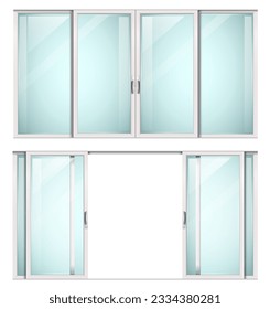 Modern sliding metal white door or window. Vector with transparent glass