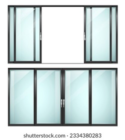 Modern sliding metal white door or window. Vector with transparent glass