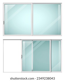 Modern sliding metal white door or window. Vector with transparent glass