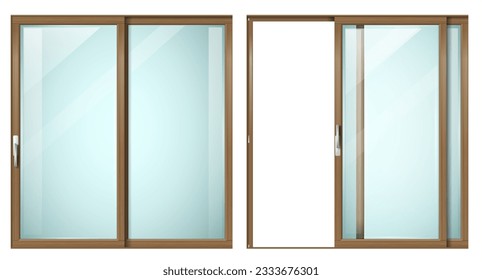 Modern sliding metal wooden door or window. Vector with transparent glass