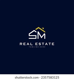 modern SM letter real estate logo in linear style with simple roof building in blue