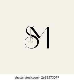 O design moderno do logotipo do monograma da SM apresenta formas de letras sobrepostas e elegantes formando um emblema abstrato. Perfeito para uso de marca, tecnologia, identidade corporativa ou pessoal.
