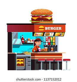 Modern Small Burger Shop On The Go Kiosk Decorated With Big Cheese Burger. Welcoming Restaurant Chef Cook Woman Serving Meal With Hamburger & Milk Shake. Flat Vector Illustration Isolated On White