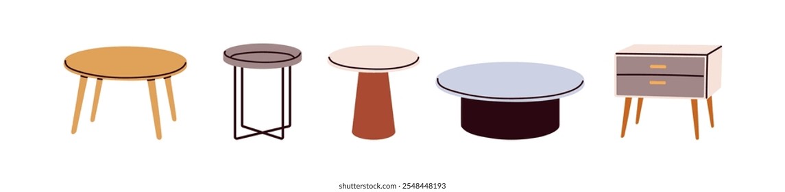 Modern small coffee tables and nightstand set. Stylish cozy home furniture designs. Trendy retro minimalist style interior decoration, collection. Flat vector illustration isolated on white background