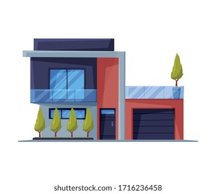 Modern Small Cottage Facade, Residential House Building with Garage, Country Real Estate Flat Vector Illustration