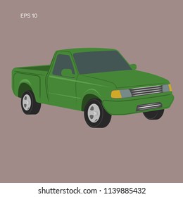 Modern small pickup truck vector illustration. 90's farming delivery wehicle. Countryside workhorse