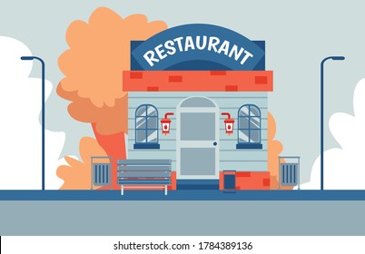 Modern Small Restaurant Building Front Facade - Colorful Flat Banner With Autumn Trees And Outdoor Bench On Food Place Exterior. Vector Illustration