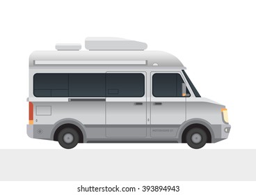 Modern small size camper van motor home. Camping RV travel family caravan truck. New flat realistic style. Clip art for your design. Vector illustration.