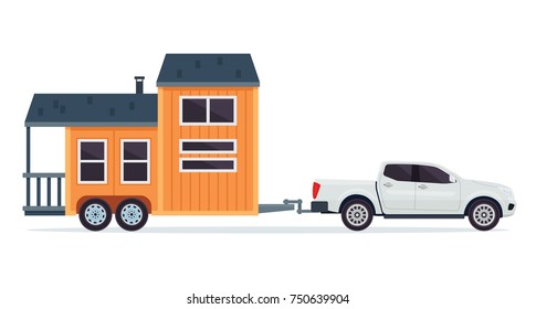 Modern Small Tiny House Building With Pick Up Truck Illustration