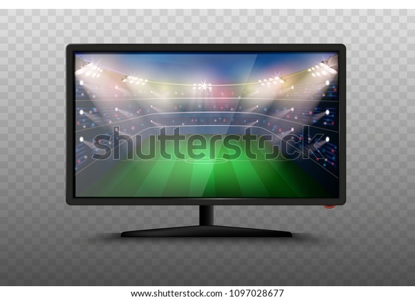 現代のスマート4k Tvセットの3dベクターイラスト 透明な背景にリアルなアイコン サッカー場付きlcd プラズマスクリーン サッカーのw杯戦 テレビ のスポーツニュース のベクター画像素材 ロイヤリティフリー
