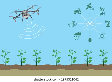 Iconos agrícolas modernos e inteligentes con drones inteligentes. Plantas de control de drones con control remoto