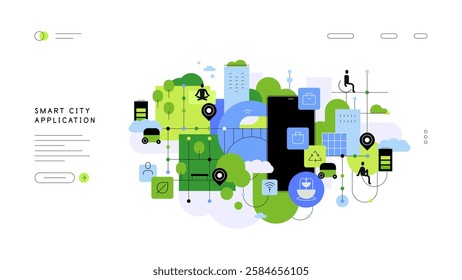 Modern smart city application. Abstract city map. Urban development and high techs. Flat illustration, banner template. Vector file.