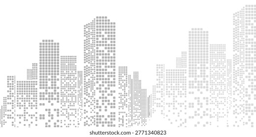 Modern smart city concept background with grey dotted building silhouettes.