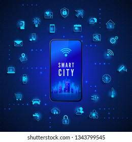 Modern Smart City Concept. Smart City on Mobile Phone Screen and Icon Set. Technology background. Vector illustration