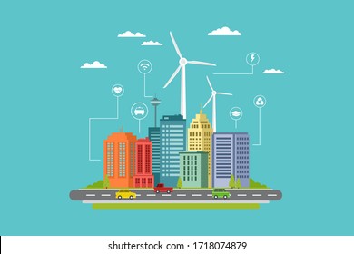 modern smart city flat design with info graphic and eco energy elements in the future