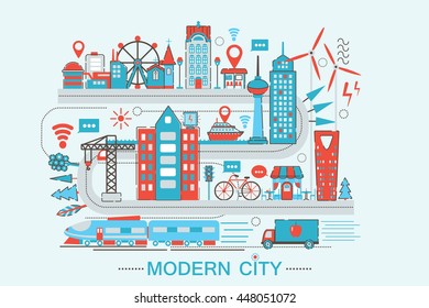 Modern Modern smart city graphic flat line design style infographics concept of global Network technology with icons, for website, presentation and poster
