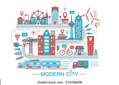 Modern Modern smart city graphic flat line design style infographics concept of global Network technology with icons, for website, presentation and poster.
