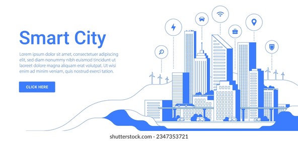 Modern smart city graphic in one blue color line art. Innovative technologies for saving the planet. City landscape with infographic elements. Website template.