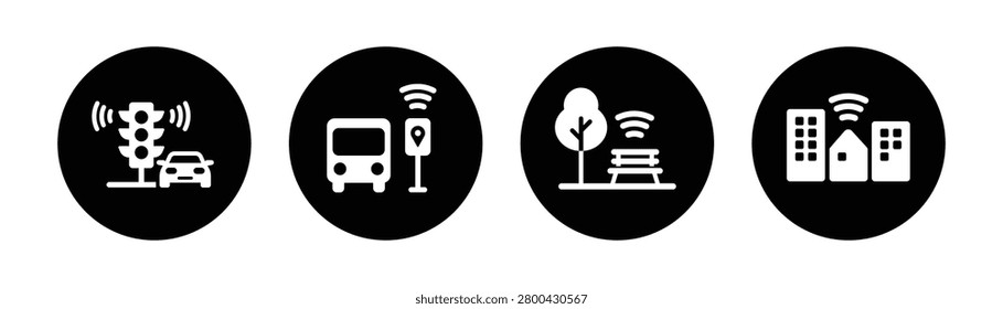 Modern smart city icon collection featuring intelligent traffic management, connected public transportation, smart park infrastructure, and wireless urban connectivity solutions. Ideal for smart city platforms, IoT applications, transportation systems, urban planning projects, digital infrastructure, and future city technology concepts.
