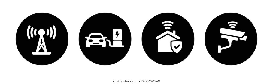 Modern smart city icon collection featuring wireless communication infrastructure, electric vehicle charging stations, smart home security systems, and connected CCTV surveillance technology. Perfect for IoT platforms, telecommunications, urban technology projects, smart infrastructure dashboards, digital transformation presentations, and future city concepts.