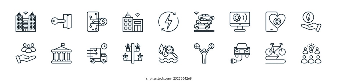 modern smart city icon pack. perfect for linear ui designs featuring vector creative team, bicyce, electric vehicle, quality of life, water quality, vertical garden, delivery service and more icons