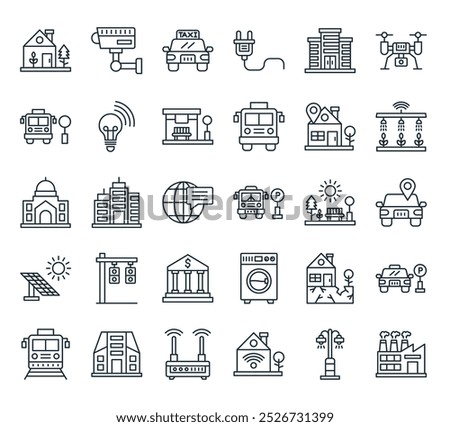 modern smart city icon pack. perfect for linear ui designs featuring vector factory, streetlight, smart house, wifi router, city building and more icons.