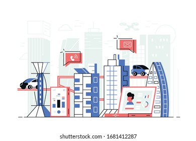 Moderna ilustración vectorial del paisaje urbano inteligente. Rascacielos, estacionamiento, drones controlados a través de una aplicación especial sobre el diseño de estilo plano gadget. Concepto moderno de tecnología