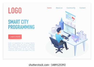Modern smart city programming management control landing page isometric vector template. Architect builder working at desk, hologram smart city model on desktop. Business strategy. Urban construction