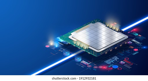 Modern smart electronic. Futuristic  CPU concept. Quantum computer, large data processing, database concept. Technology develop electronic devices microchip or microprocessor, hardware engineering. AI