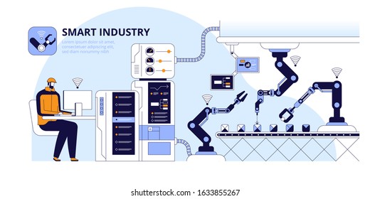 Modern smart factory flat vector illustration. Engineer working with computer cartoon character. Manufacturing process innovation. Industry 4.0 concept. Assembling line calibration, control system