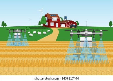 Modern smart farm with drones-sprayers. Digital transformation in agriculture and smart farming. Vector illustration