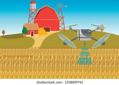 Modern smart farm with drones-sprayers. Digital transformation in agriculture and smart farming. Vector illustration