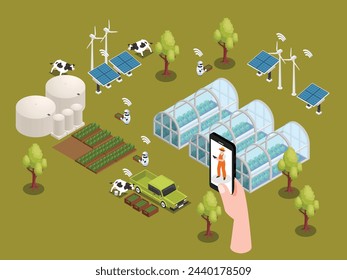 Modern Smart Farm with a human hand holding on a digital device 3d isometric vector illustration