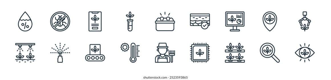 moderno smart farm icon pack. perfeito para projetos de ui lineares com visão vetorial, pesquisa, hidropônico, chip, agricultor, temperatura, transportador e mais ícones para aplicativos móveis e web.