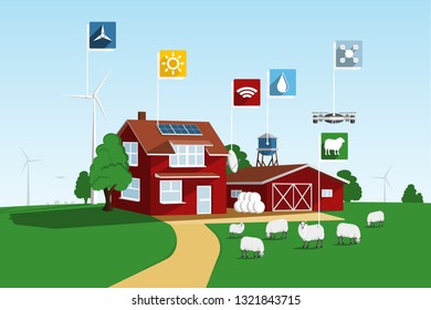 Modern smart farm using renewable energy and drones. Digital agriculture. Vector illustration