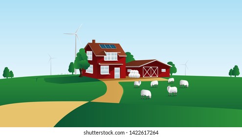 Modern smart farm using renewable energy. Digital agriculture. Vector illustration