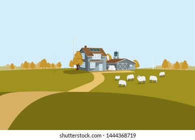 Modern smart farm using renewable energy. Digital agriculture. Vector illustration