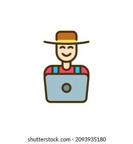 Modern smart farmer. Person wearing a hat and overalls at the computer. Pixel perfect, editable stroke colorful icon