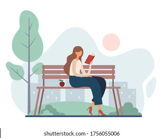 Modern smart female in casual clothes sitting on bench near apple and reading interesting book while resting in park on summer day in city