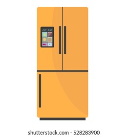 Modern smart fridge with display on isolated background. Home appliances refrigerator, fridge, freezer vector illustration.