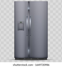 Frigorífico moderno Smart Fridge Freezer con puertas dobles. Color plateado. Tecnología y electrodomésticos. Ilustración vectorial aislada en fondo transparente.