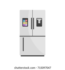 Nevera moderna y elegante aislada en segundo plano. Ilustración vectorial de refrigerador con pantalla y creador de hielo. Equipo Doméstico Refrigerador, Frigorífico, Congelador. Estilo plano.