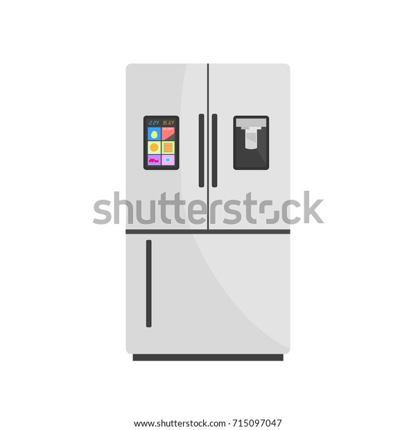 背景にモダンなスマート冷蔵庫 ディスプレイ付き冷蔵庫と製氷機のベクターイラスト 家電冷蔵庫 冷蔵庫 冷凍庫 フラットスタイル のベクター画像素材 ロイヤリティフリー