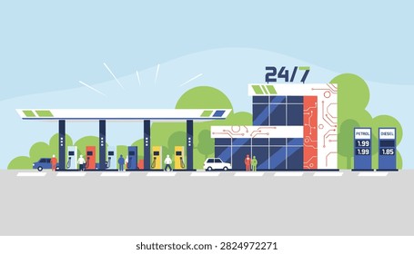 Modern smart gas station operating twenty four hours a day with digital charge terminals and a convenience store.