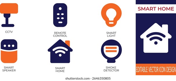 Modern smart home automation vector icon set featuring devices like smart lights, CCTV, and voice control. Perfect for dashboards, UI, mobile apps, and IoT device illustrations.